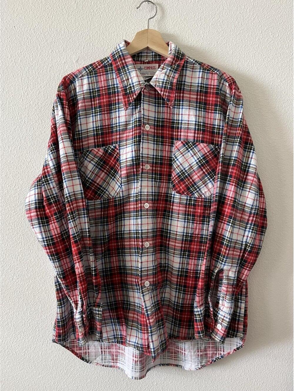 VTG Compass Plaid Flannel Shirt Red White Blue Cotton L
